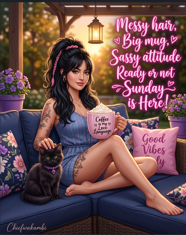 Detailed Image Generation Prompt: "Cozy Sunday Sass" (Identity Lock • Tattoo Lock • Signature Lock) ABSOLUTE FORENSIC IDENTITY LOCK (HIGHEST PRIORITY) Use the uploaded reference photo(s) of the black-haired woman as the ONLY source of identity