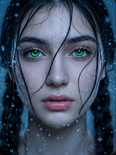Ultra-realistic cinematic close-up portrait, 3:4 ratio, young woman facing camera, direct eye contact, face filling the frame, wet black hair strands covering parts of forehead, eyes, cheeks and lips, crystal-clear water droplets on skin and hair