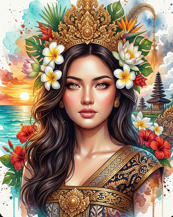 Ubahlah menjadi potret wanita Bali modern bergaya fantasi artistik, wajah dibuat mirip 100% dengan foto yang diupload