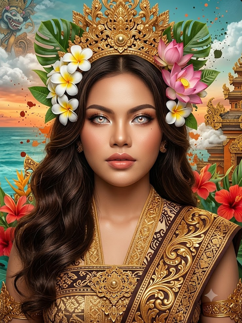 Ubahlah menjadi potret wanita Bali modern bergaya fantasi artistik, wajah dibuat mirip 100% dengan foto yang diupload