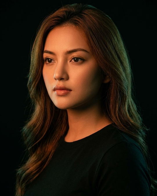 Create a photorealistic cinematic studio portrait of me in a clean black background