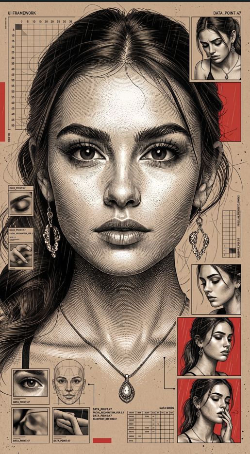 Ultra-detailed editorial portrait, using enclosed objects. Close-up frontal composition, serious and exhausted expression