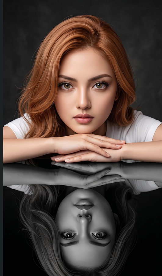 Based on my photo, create an illustration of a woman in chibi style (very large head, small body, expressive hazel-green eyes, cute, straight hair in the same color as in my photo