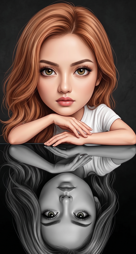 Based on my photo, create an illustration of a woman in chibi style (very large head, small body, expressive hazel-green eyes, cute, straight hair in the same color as in my photo