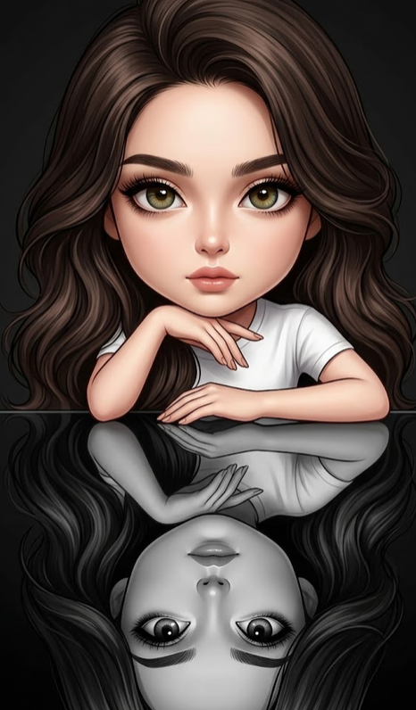 Based on my photo, create an illustration of a woman in chibi style (very large head, small body, expressive hazel-green eyes, cute, straight hair in the same color as in my photo