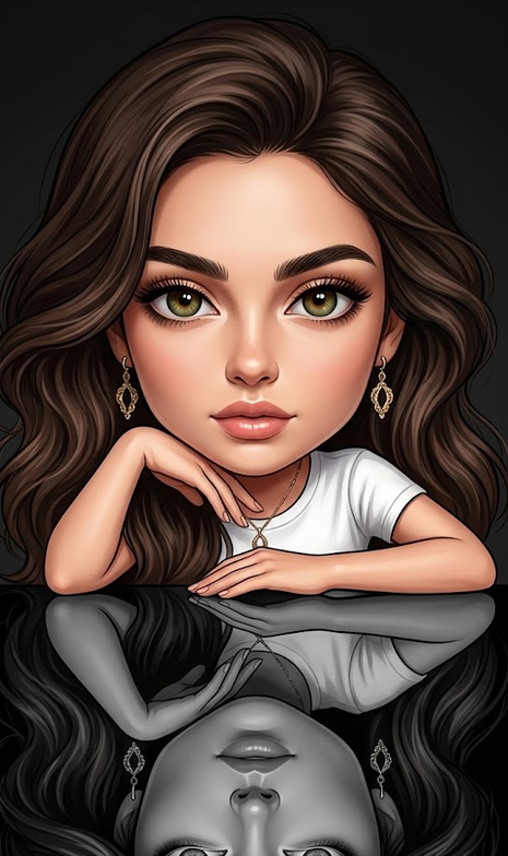 Based on my photo, create an illustration of a woman in chibi style (very large head, small body, expressive hazel-green eyes, cute, straight hair in the same color as in my photo