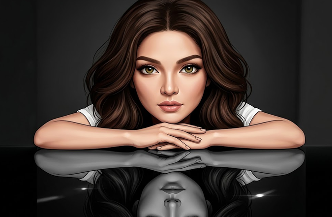 Based on my photo, create an illustration of a woman in chibi style (very large head, small body, expressive hazel-green eyes, cute, straight hair in the same color as in my photo