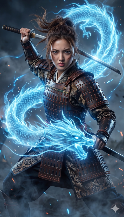A fierce young female warrior standing in a dynamic battle pose, wearing detailed ancient Asian-inspired armor with layered fabrics and leather plates