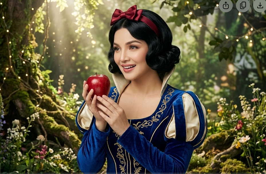 Create a highly realistic cinematic portrait photograph of an adult woman styled as a classic fairytale Snow White-inspired character