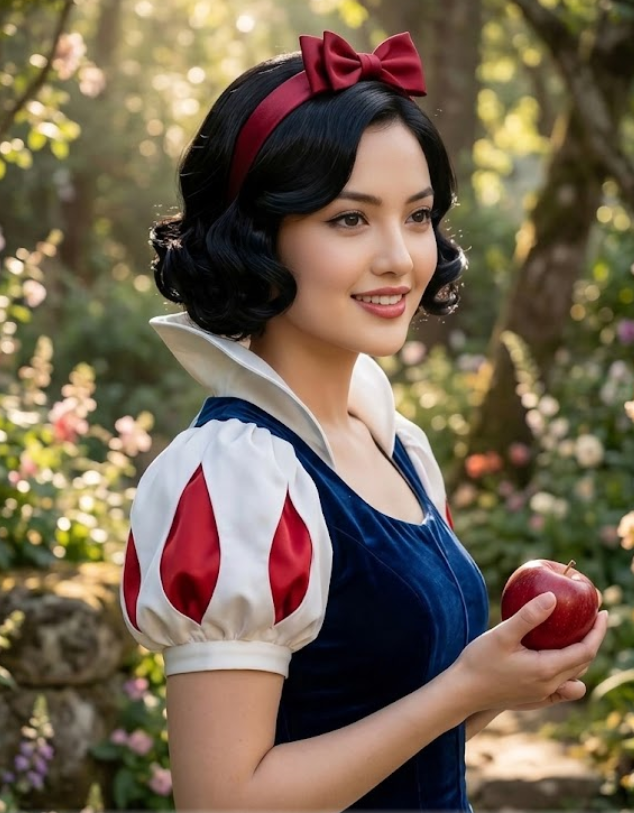 Create a highly realistic cinematic portrait photograph of an adult woman styled as a classic fairytale Snow White-inspired character