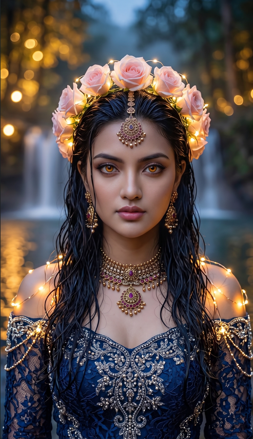 Center frame, direct amber gaze, wet black waves preserved with maang tikka and temple jewelry, pale pink roses entwined with micro fairy lights as a glowing crown