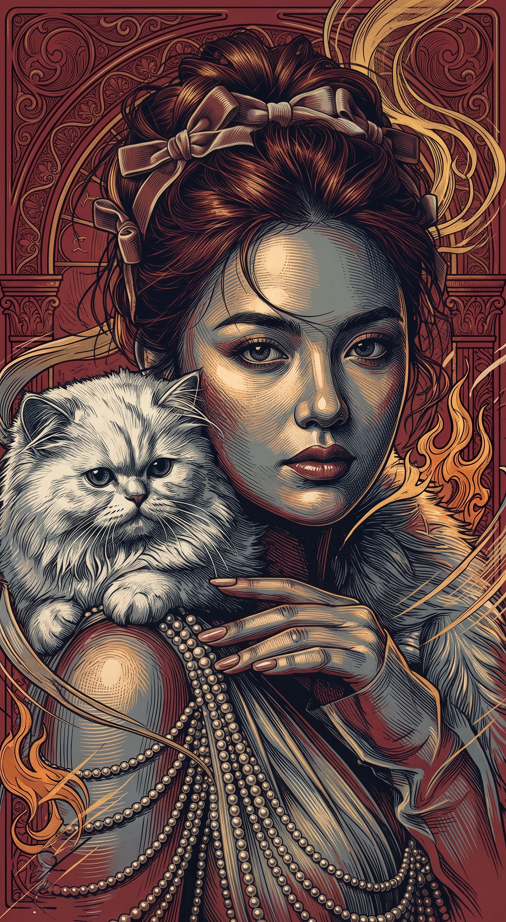 Highly detailed dynamic graphic-novel fine-art illustration, combining dramatic comic-book realism, neo-medieval ornamental linework, expressive ink engraving, and sophisticated painterly color blocking