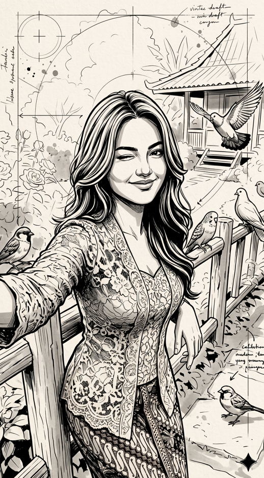 Transform the entire image into a bold, monochrome black-ink character illustration on textured warm off-white drawing paper