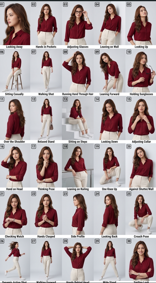 Use the uploaded reference image as the pose and composition guide. Create a professional 30-pose women’s fashion photo-shoot featuring the SAME young woman from my uploaded face-reference photo