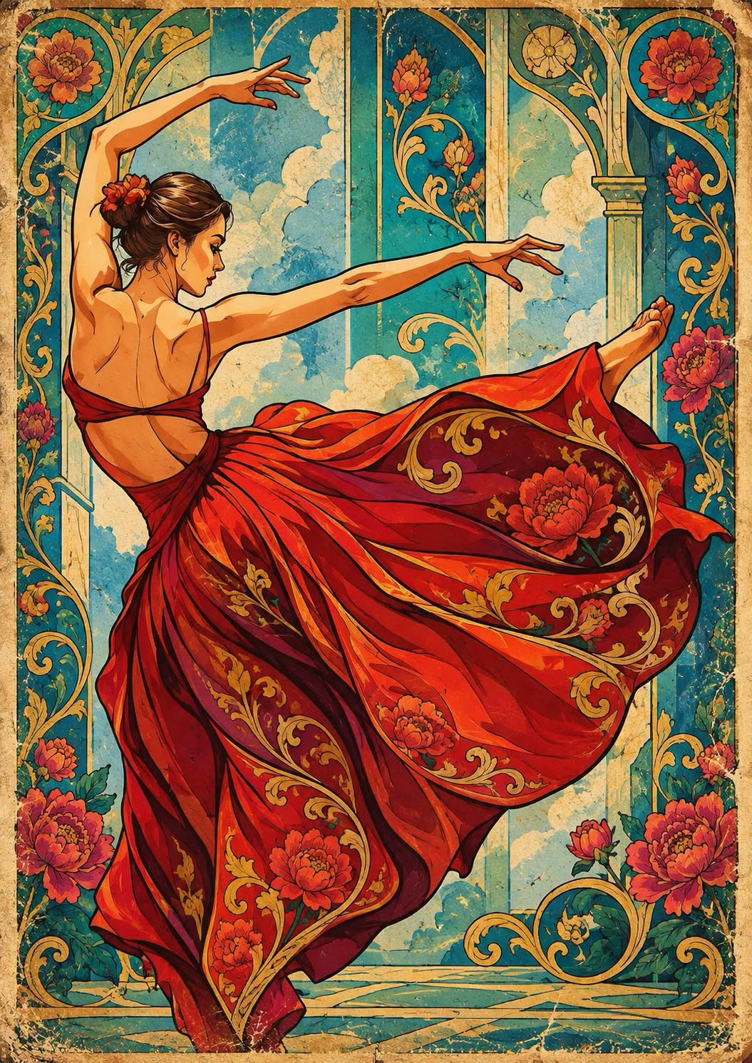 Transform the entire image—subject and background—into a bold, unmistakably cartoonish, richly ornate vintage poster illustration. Use thick crisp black ink contours, expressive simplified facial planes, large graphic eyes where visible