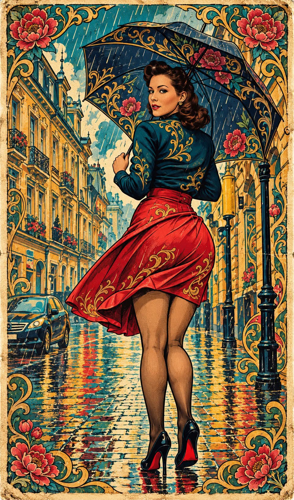 Transform the entire image—subject and background—into a bold, unmistakably cartoonish, richly ornate vintage poster illustration. Use thick crisp black ink contours, expressive simplified facial planes, large graphic eyes where visible