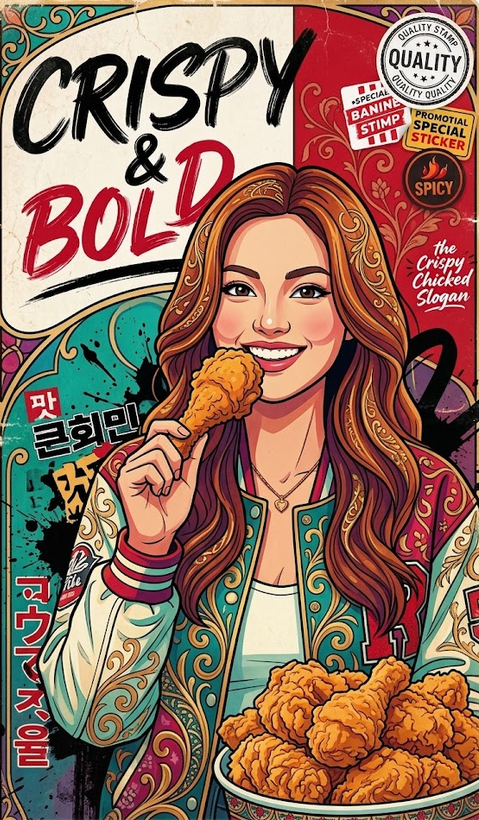 Transform the entire image—subject and background—into a bold, unmistakably cartoonish, richly ornate vintage poster illustration. Use thick crisp black ink contours, expressive simplified facial planes, large graphic eyes where visible