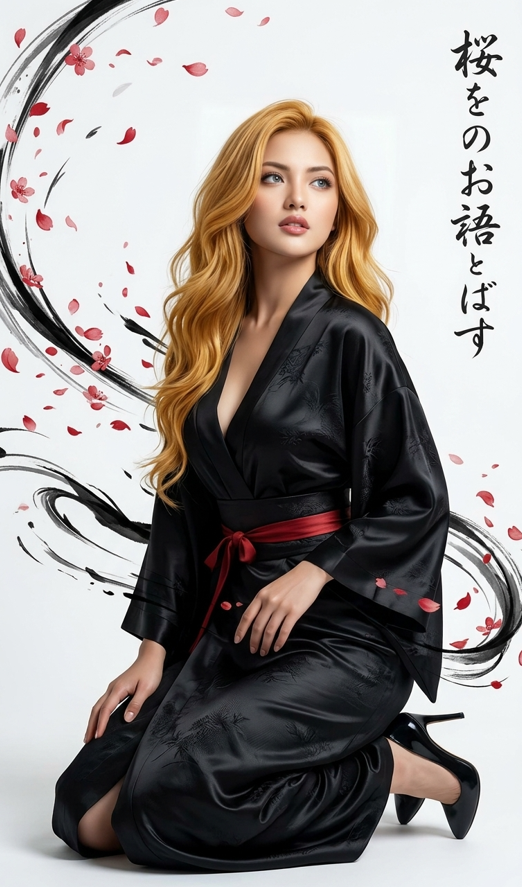 Photorealistic full-body portrait of a beautiful young East Asian woman with long wavy golden-blonde hair