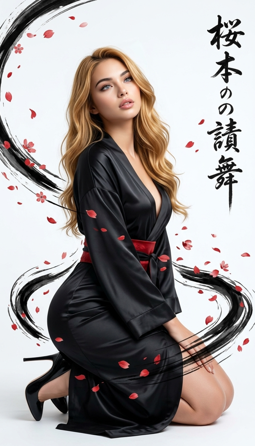 Photorealistic full-body portrait of a beautiful young East Asian woman with long wavy golden-blonde hair