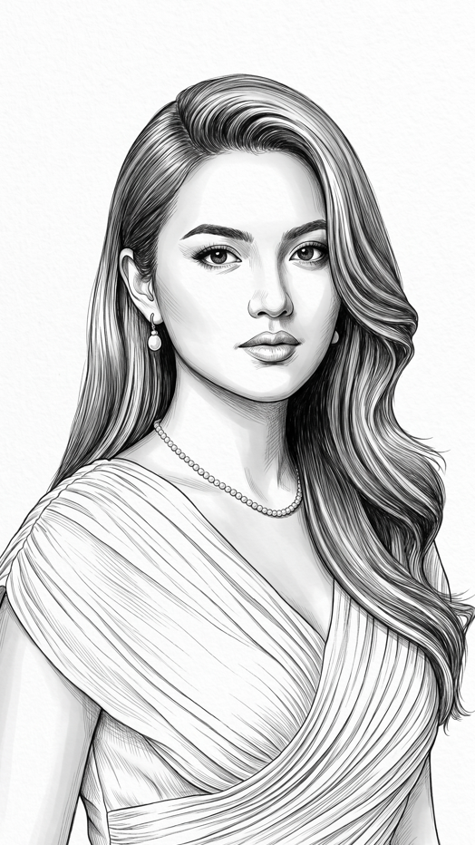 Premium-quality black ink drawing style—clean, smooth, and refined; featuring clean, precise line-work and delicate