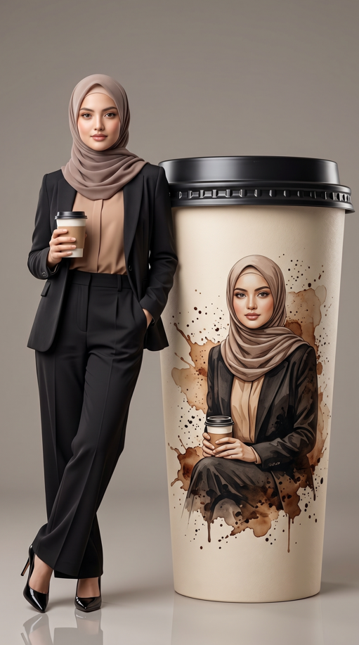 Tampilkan seorang wanita Muslimah dewasa yang elegan, modern, profesional, dan feminin berdiri di sebelah gelas kopi takeaway berukuran sangat besar/oversized, dengan skala gelas hampir setinggi tubuh wanita
