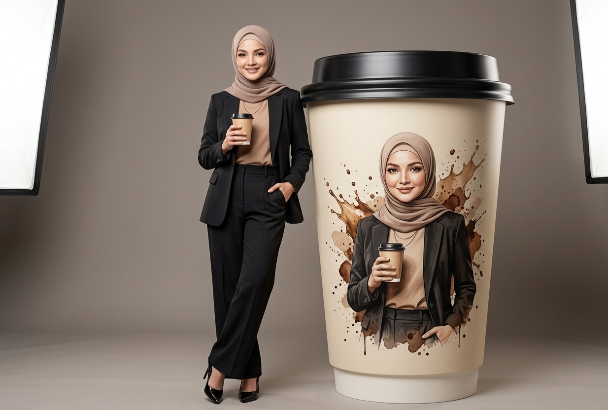 Tampilkan seorang wanita Muslimah dewasa yang elegan, modern, profesional, dan feminin berdiri di sebelah gelas kopi takeaway berukuran sangat besar/oversized, dengan skala gelas hampir setinggi tubuh wanita