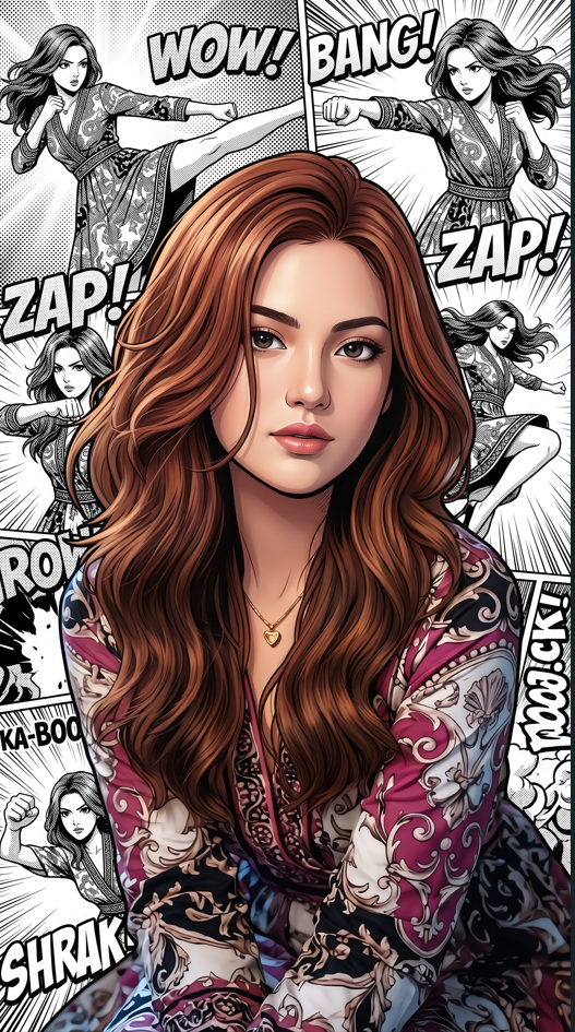 main character in foreground as ultra-detailed full color portrait, same hairstyle, same skin tone, same accessories, same clothing as reference photo