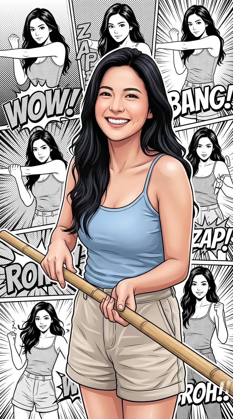 main character in foreground as ultra-detailed full color portrait, same hairstyle, same skin tone, same accessories, same clothing as reference photo
