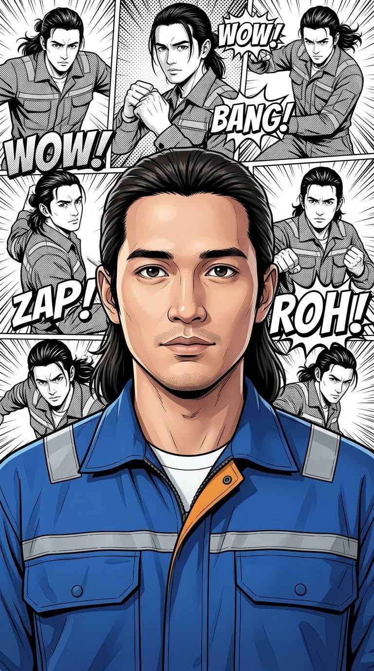 main character in foreground as ultra-detailed full color portrait, same hairstyle, same skin tone, same accessories, same clothing as reference photo