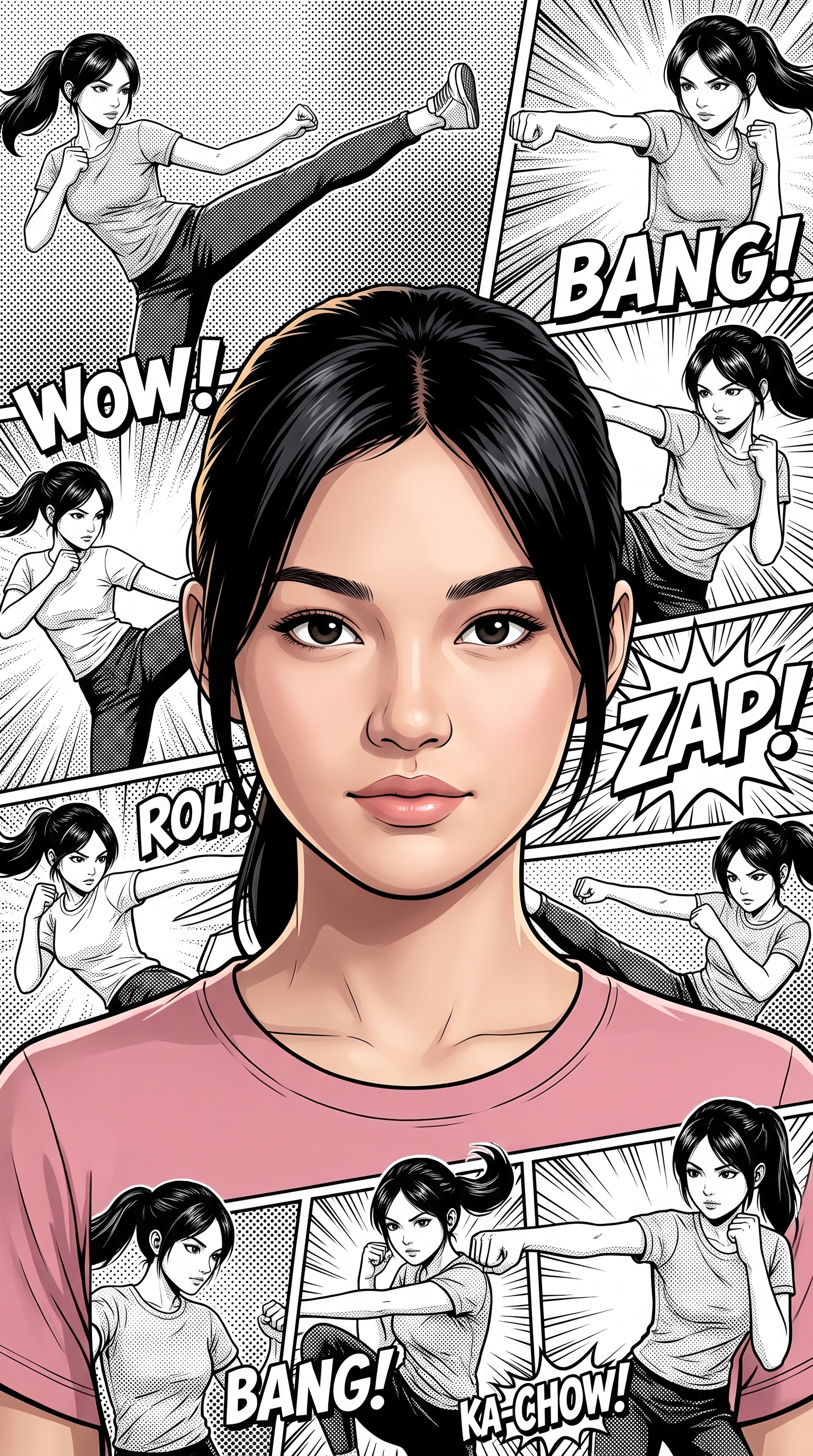 main character in foreground as ultra-detailed full color portrait, same hairstyle, same skin tone, same accessories, same clothing as reference photo