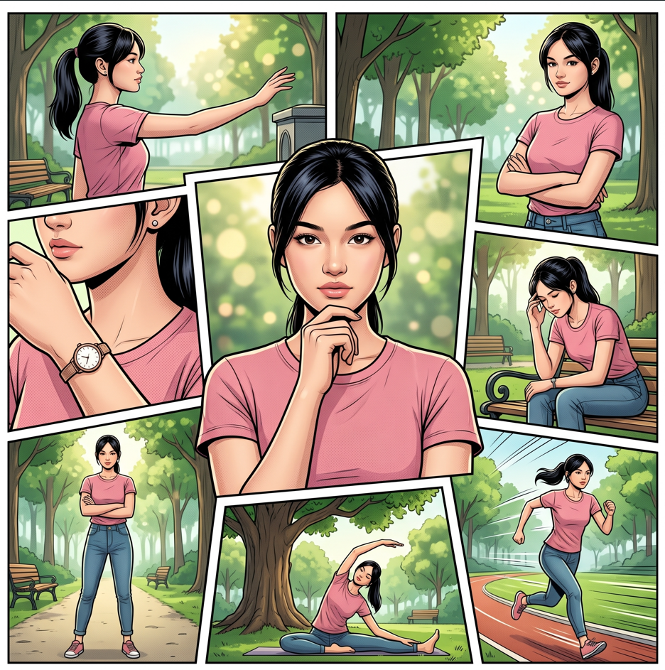 Exactly 7 to 8 comic panels arranged in a dynamic vertical layout with overlapping panels and thick white borders; feature one large central portrait panel surrounded by 6–7 smaller panels