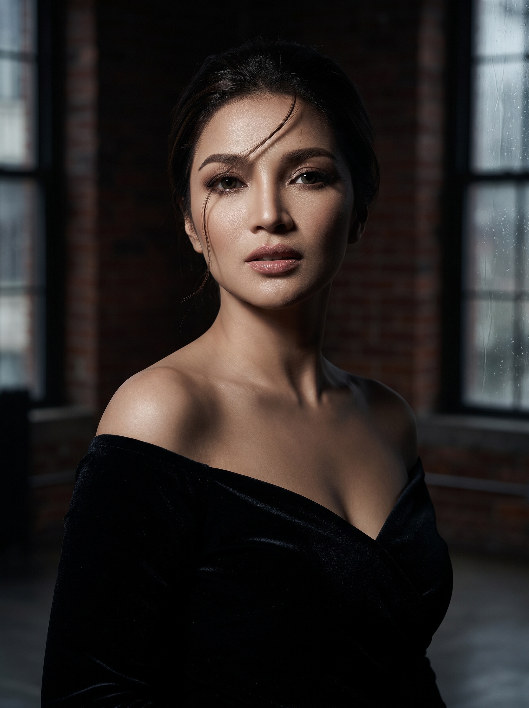 Create a cinematic, photorealistic low-key portrait in a moody urban loft. She emerges from deep shadow under one dramatic spotlight