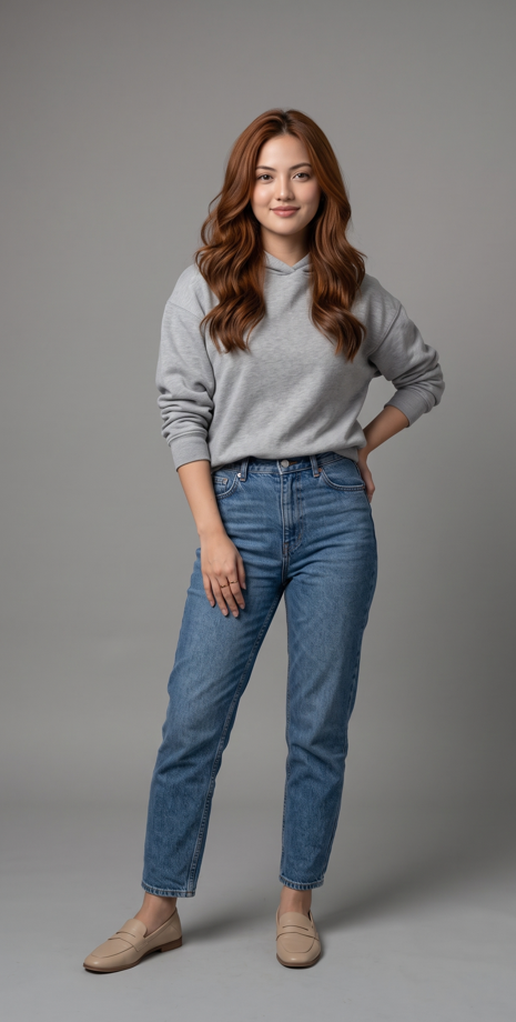 A full-body character reference photo of the woman with auburn hair, standing relaxed with weight on one hip, arms loose, natural easy energy, eyes to camera with a soft closed-lip smile.