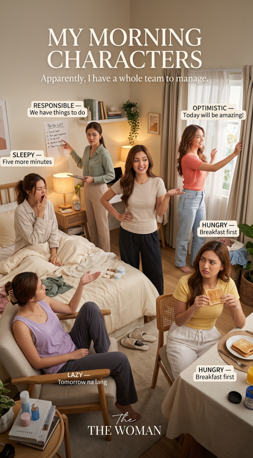 Create one highly photorealistic 9:16 vertical lifestyle photograph humorously portraying “MY MORNING CHARACTERS” as a playful real-life morning meeting inside a cozy lived-in bedroom