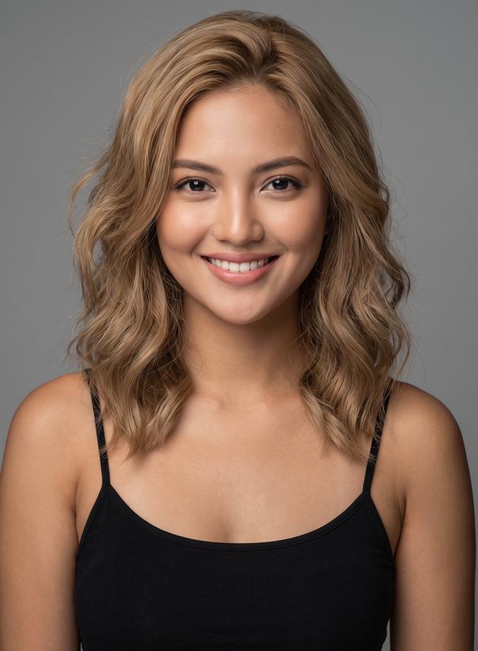 A clean character-reference 3:4 headshot, framed from forehead to upper chest with the face filling most of the frame. An average build with relaxed posture, sun-kissed medium skin, sandy- blonde hair