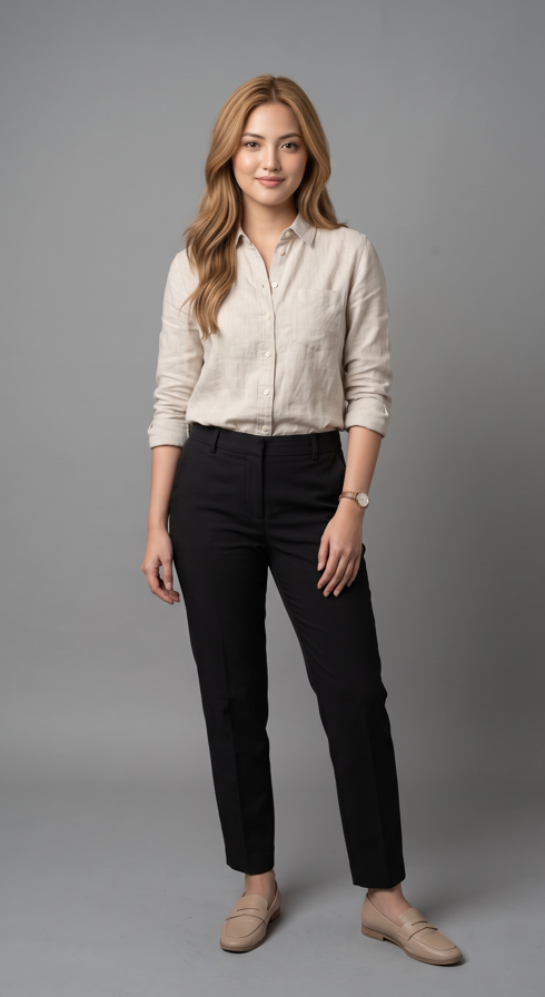 A full-body character reference photo of the woman with sandy-blonde hair, standing relaxed with weight on one hip, arms loose, natural easy energy, eyes to camera with a soft closed-lip smile