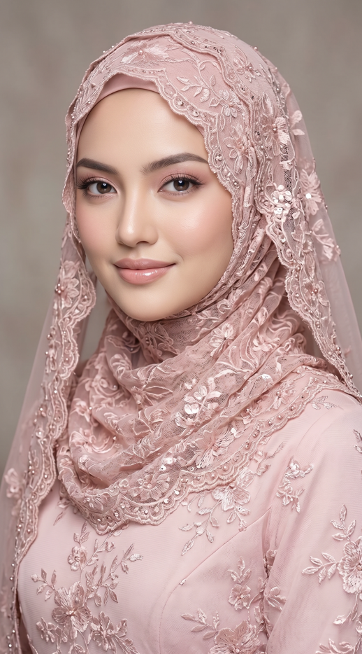 Wanita memakai baju Muslimah warna pastel pink lembut yang elegan, dihiasi sulaman bunga dan lace halus. Memakai tudung lace dusty pink/blush pink dengan corak bunga