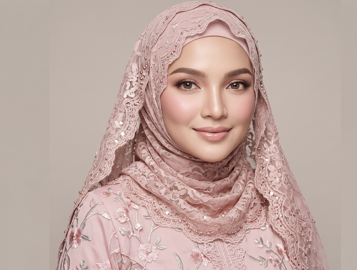 Wanita memakai baju Muslimah warna pastel pink lembut yang elegan, dihiasi sulaman bunga dan lace halus. Memakai tudung lace dusty pink/blush pink dengan corak bunga