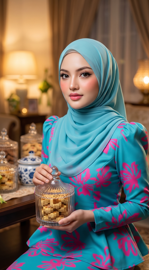 Wearing flowing cyan chiffon shawl, softly draped on forehead with elegant wavy ends. Modern peplum baju kurung (turquoise) with puffed shoulders and bright pink abstract patterns