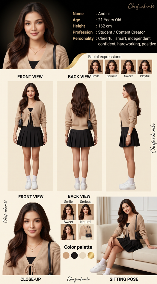 Create a premium 9:16 vertical character sheet of a beautiful Indonesian woman named ANDINI