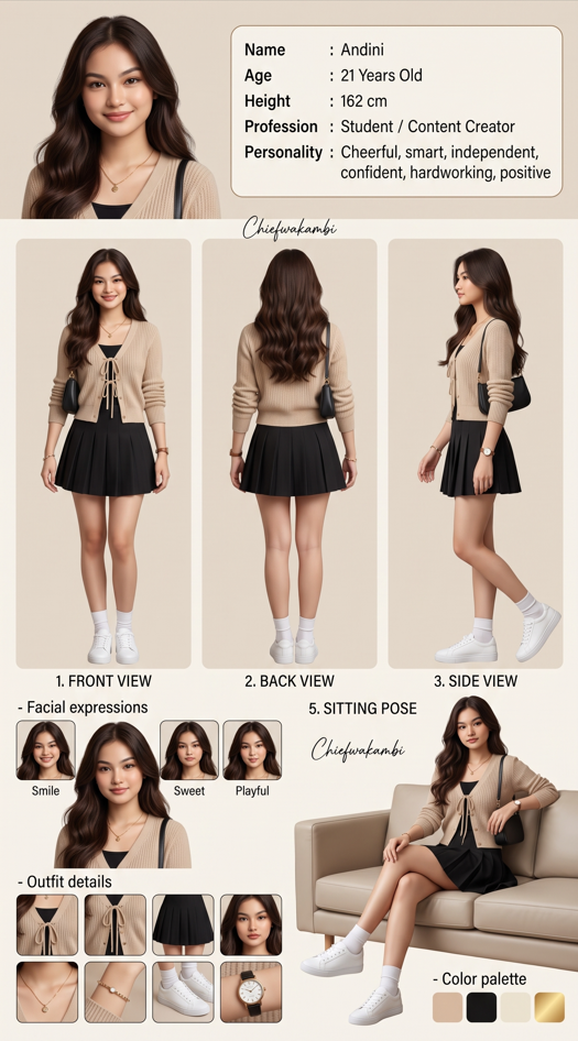 Create a premium 9:16 vertical character sheet of a beautiful Indonesian woman named ANDINI