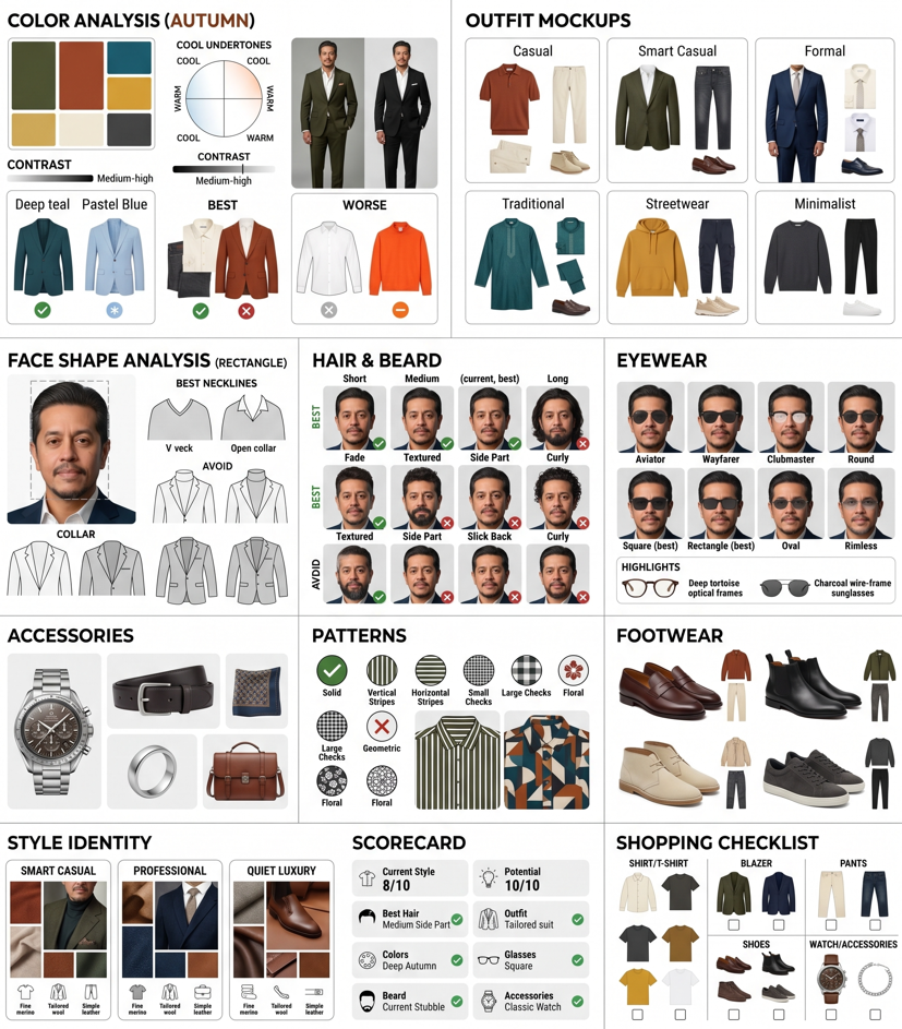 Act as a professional Image Consultant, Stylist, Color Analyst and Face Shape Expert. Analyze the uploaded portrait and create a premium visual Personal Style Report