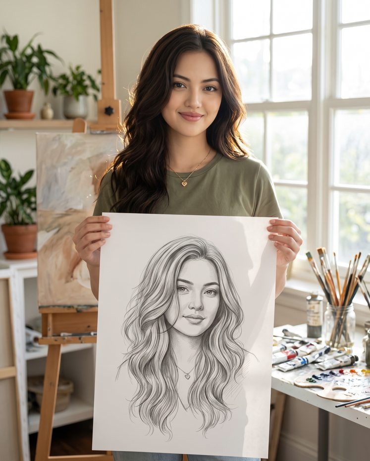 A photorealistic portrait of a young woman standing in a bright, sunlit art studio, holding up a large white paper sheet showing a detailed graphite pencil portrait sketch of herself