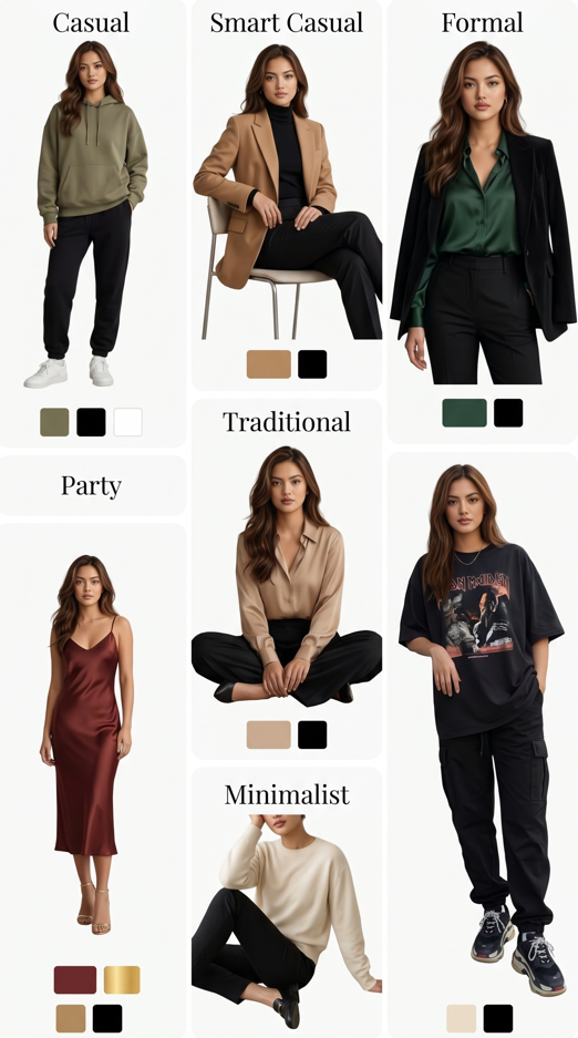 Luxury fashion magazine collage on pure white background, modern 7-card grid.