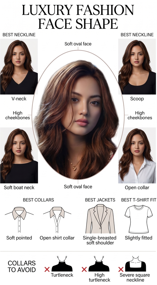Clean white background, luxury face shape diagram. Large soft line oval face shape
