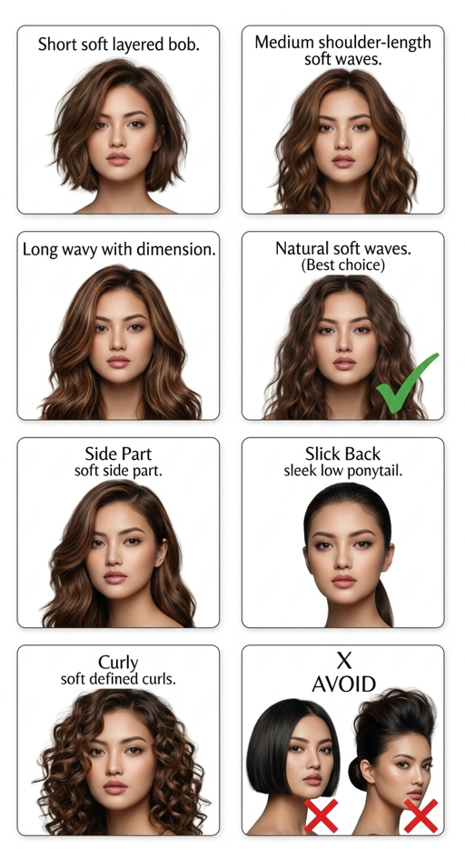 Pure white background, modern 8-card hair style grid. Exact same East Asian woman from reference photo (long wavy dark brown hair with caramel highlights