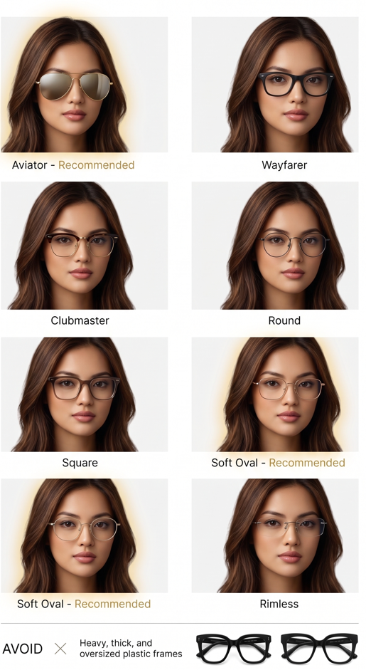 Clean white luxury eyewear board. Exact same East Asian woman from the reference photo (long wavy dark brown hair with caramel highlights, medium warm golden skin, dark brown eyes, soft oval face) wearing 8 different frames