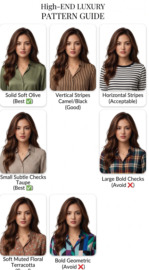 Pure white background, luxury Soft Autumn pattern guide grid. Exact same East Asian woman from reference (long wavy dark brown hair with caramel highlights, medium warm golden skin, dark brown eyes, soft oval face) wearing 7 different tops