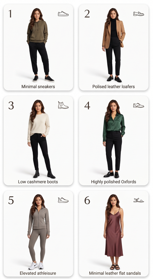 Clean pure white background, luxury 6-card footwear grid. Exact same East Asian woman from reference photo (long wavy dark brown hair with caramel highlights, medium warm golden skin, dark brown eyes, soft oval face, athletic build) in full-body outfits