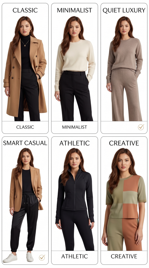 Pure white background, luxury 6-card style archetype grid. Exact same East Asian woman from the reference photo (long wavy dark brown hair with caramel highlights, medium warm golden skin, dark brown eyes, soft oval face, athletic build)